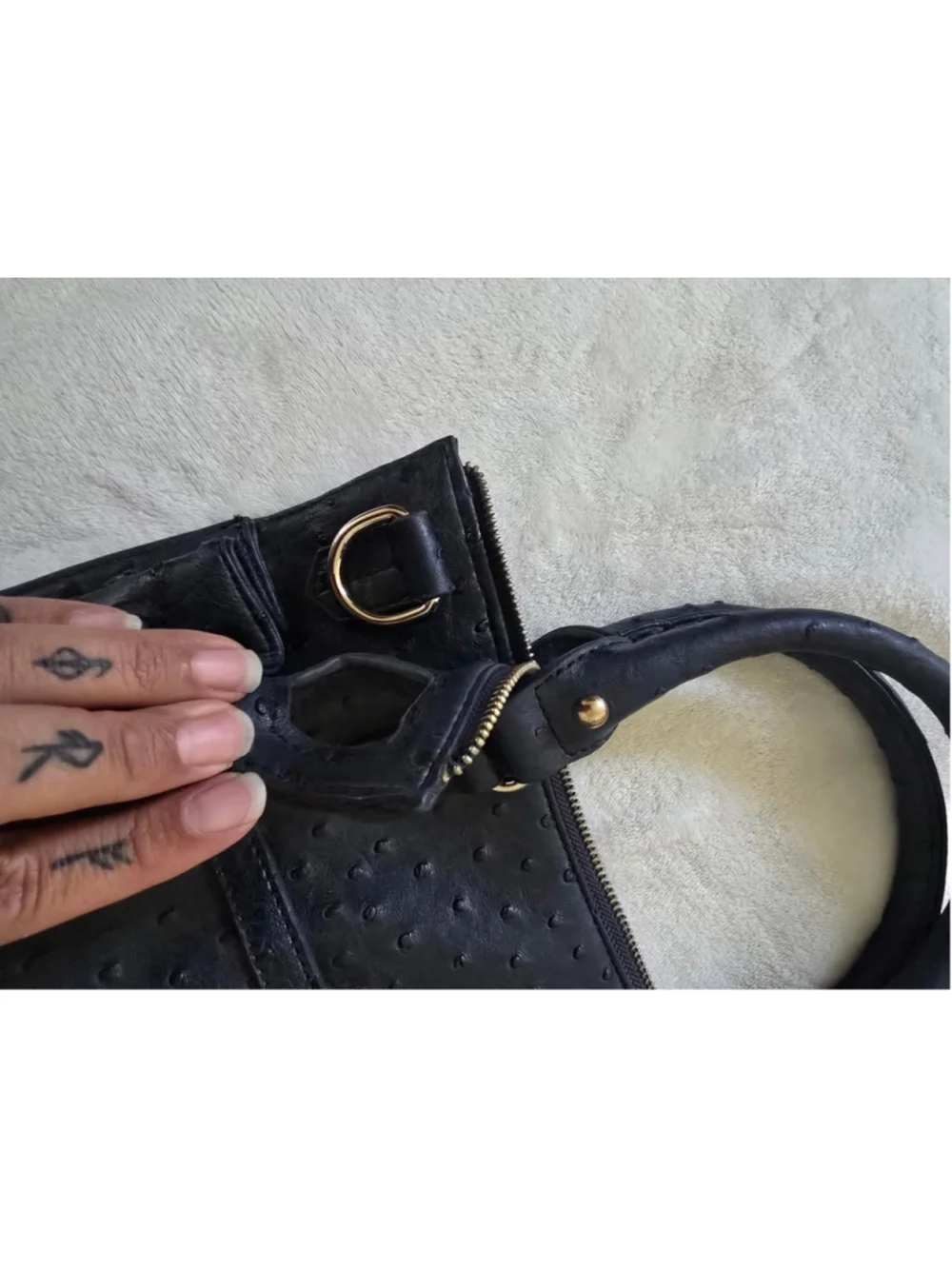 Genuine Leather Ostrich Embossed Birkin Style Top Handle Satchel Black-Navy Gold